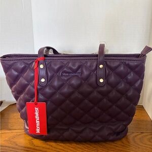 Montana West Quilted Eggplant Tote with Red Accent Tag